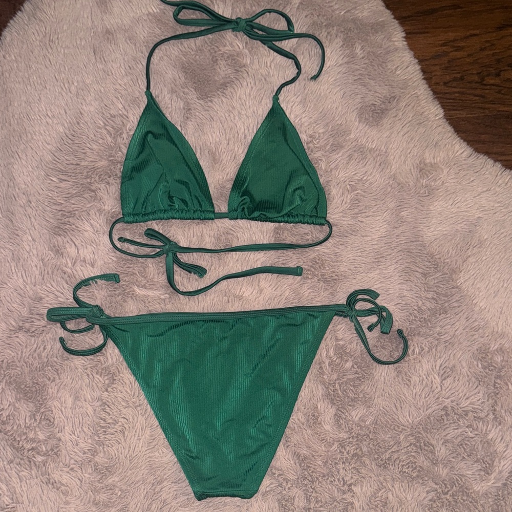 Green Triangle Bikini Set String Tie Side Bottoms Triangle Top Womens Swimsuit S - Picture 5 of 16
